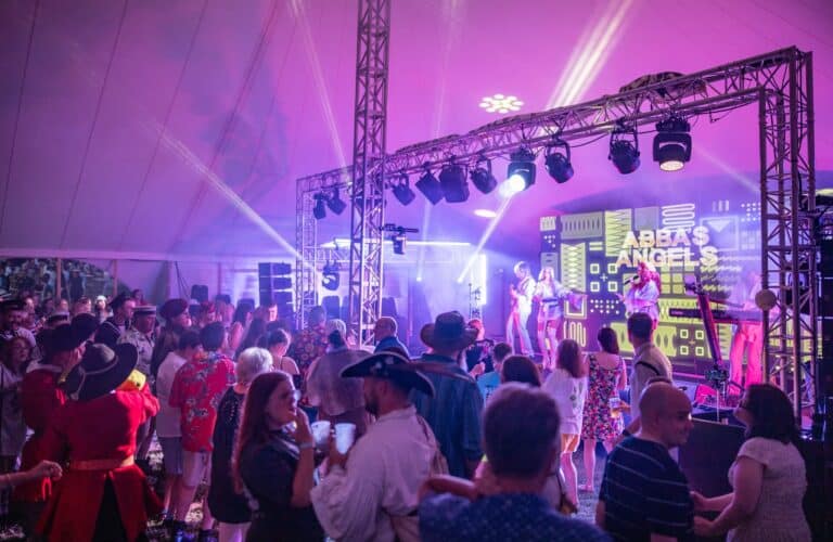 Audience watching a live band beneath purple stage lighting at Chalke History Festival 2026